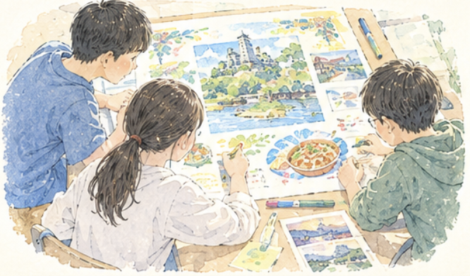 街の広告をみんなでつくる子どもたち
