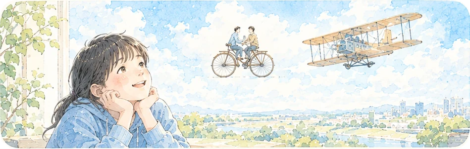 面白い場面を想像して目を輝かせる子どもと、昔の自転車と複葉機