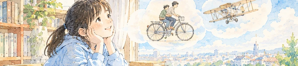 面白い場面を想像して目を輝かせる子どもと、昔の自転車と複葉機