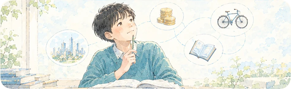 コインや自転車や本が線でつながる様子を考える子ども