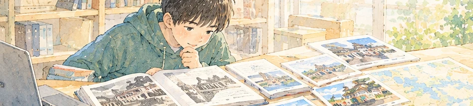 資料や本を広げて、じっくり調べる子ども