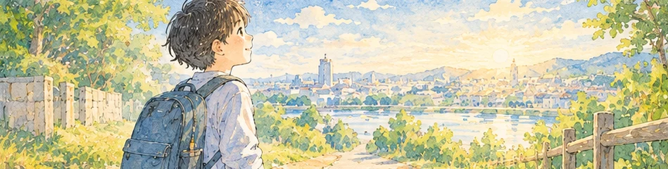 夕暮れの街を見つめて、未来を思い浮かべる子ども