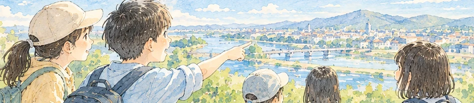街の景色を指さして、選ぶ子ども